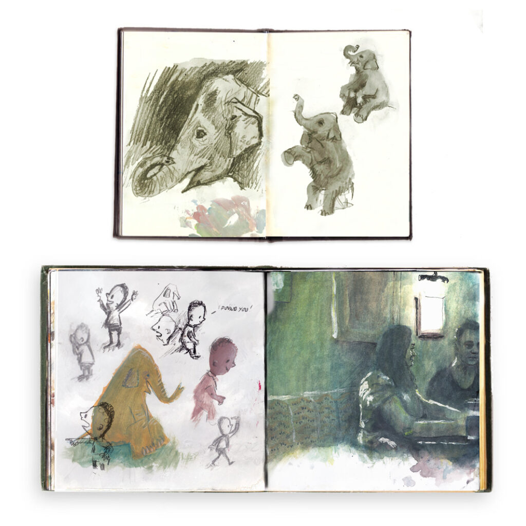 Two spreads of sketches depicting Elephant and Boy