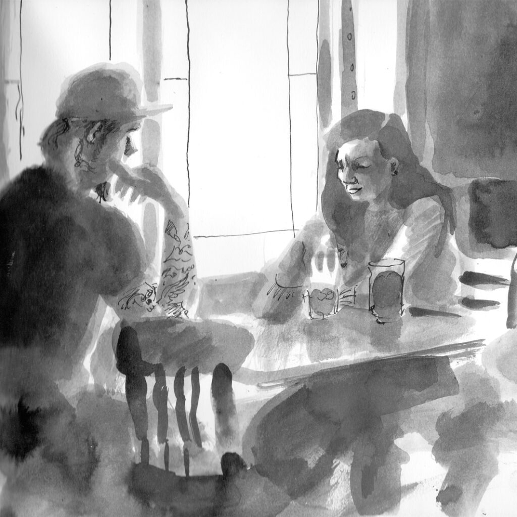 A sketch of two people at a cafe table
