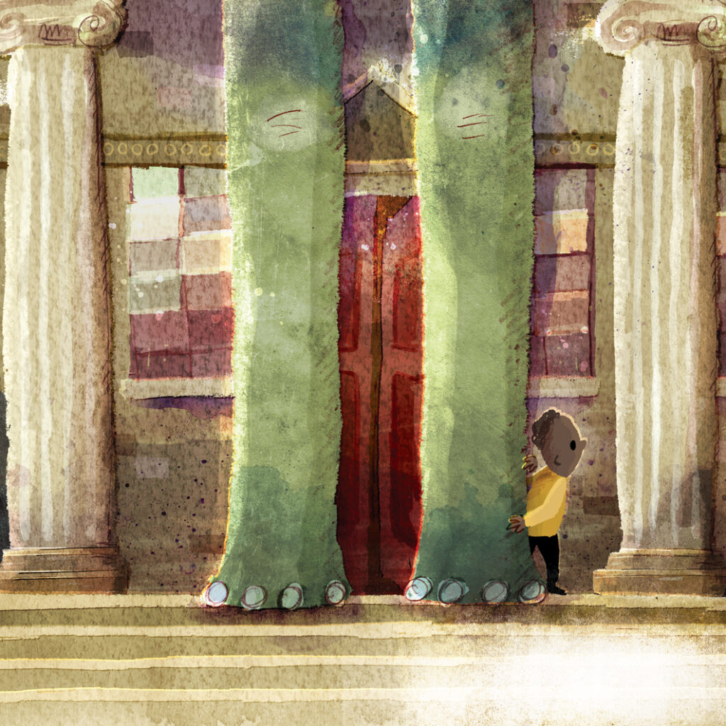Image of Boy peering out from behind Dinosaur's legs on museum steps
