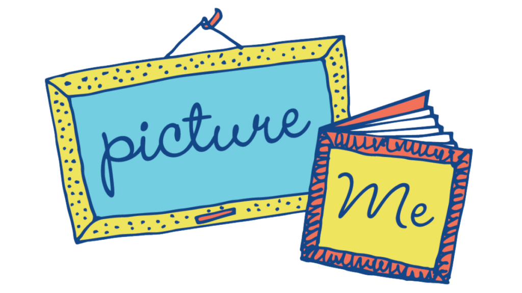 Illustration of a picture frame with the word "picture" in it, and illustration of a book with the word "me" on the cover. Illustrations are whimiscal and colorful in nature.