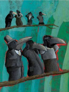 Gecko Press feature image from Odd Bird Out, two rows of serious birds dressed in black with their ears covered