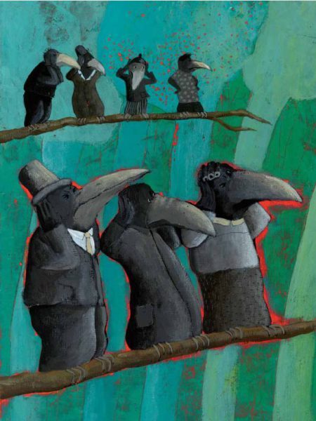 Gecko Press feature image from Odd Bird Out, two rows of serious birds dressed in black with their ears covered