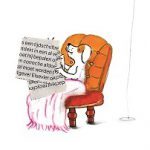 Gecko Press square image from What Dog Knows, dog reading the paper in an orange armchair