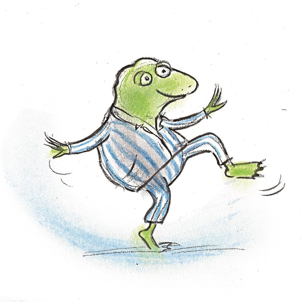 Gecko Press spot art from A Complicated Case by Ulf Nilsson, detective gordon tiptoes, wearing his striped pyjamas