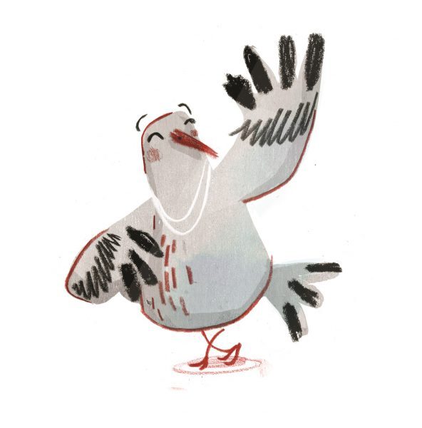 Gecko Press spot art from How to Be Famous, pigeon waving