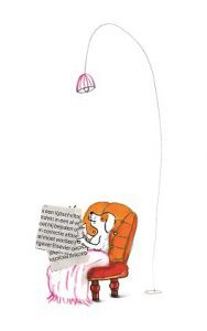Gecko Press spot art from What Dog Knows, dog reads the newspaper in an orange armchair with pink light