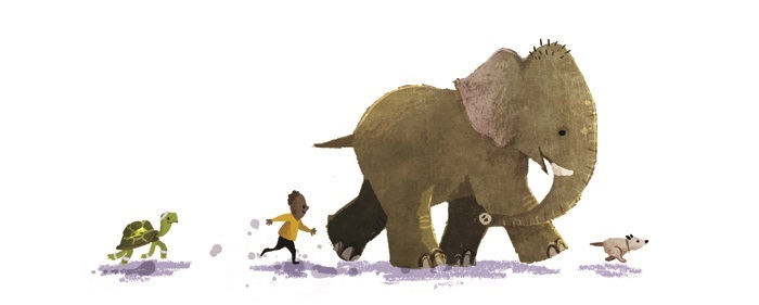 Gecko Press website banner from Have You Seen Elephant by David Barrow, turtle, boy, elephant and dog walk in a line