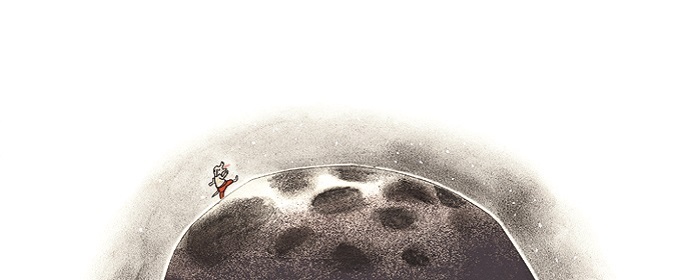 Gecko Press website banner from What Dog Knows, Dog walks across the moon wearing read trousers