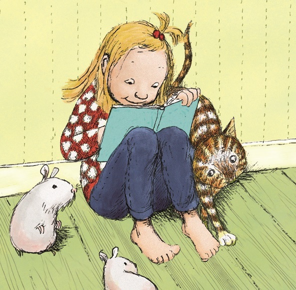 Gecko Press spot art from When I am Happiest, Dani reads a blue book with a cat and two guinea pigs