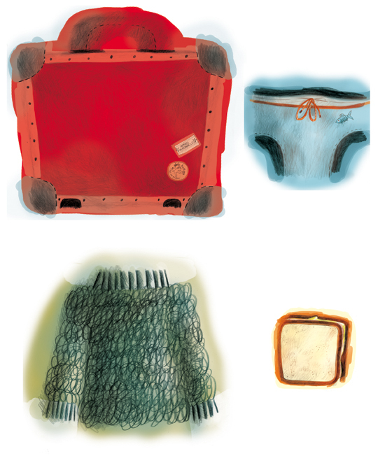 images of a suitcase, a swimsuit, a jumper and a sandwich