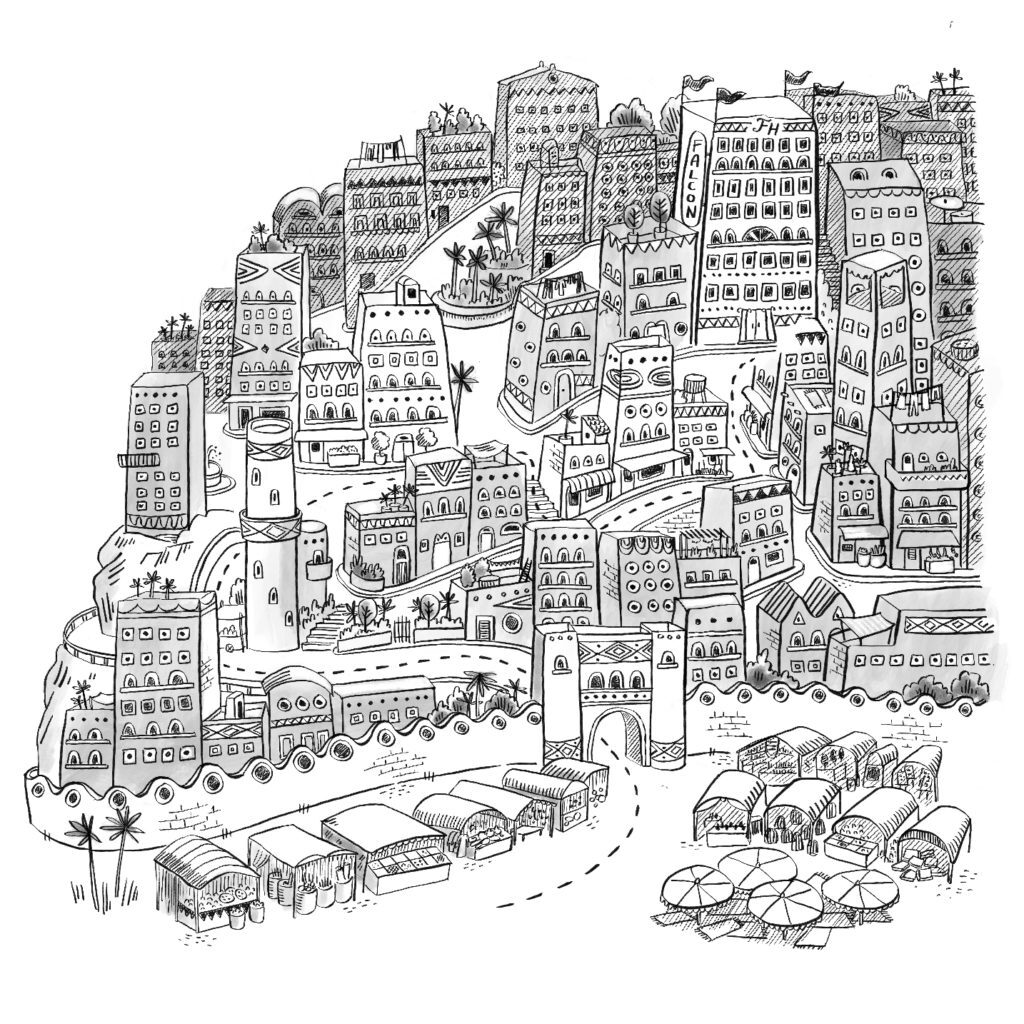 illustrated map of a fictional city with buildings similar to Yemen