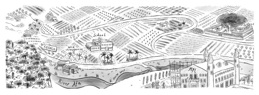 illustrated map of a fictional river valley