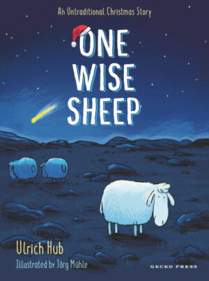 Illustration of sheep in a field with a shooting star with the words "One Wise Sheep". There is a Christmas hat perched on the O in the One.